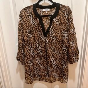 Cheetah Print Sheer Long Sleeve Blouse - Plus Size - 1X